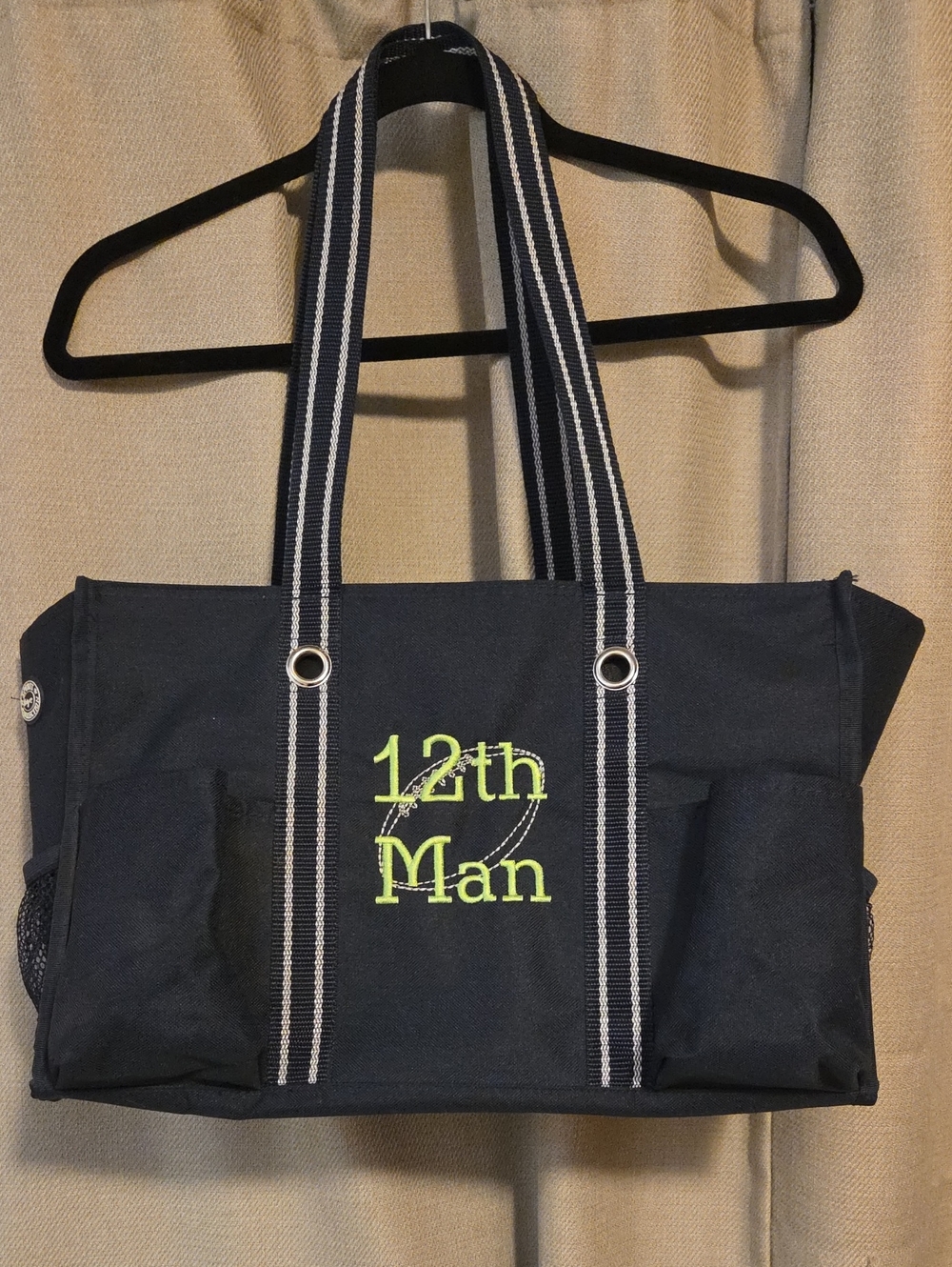 thirty-one Navy Canvas Tote with Lime Green "12th Man" Embroidery